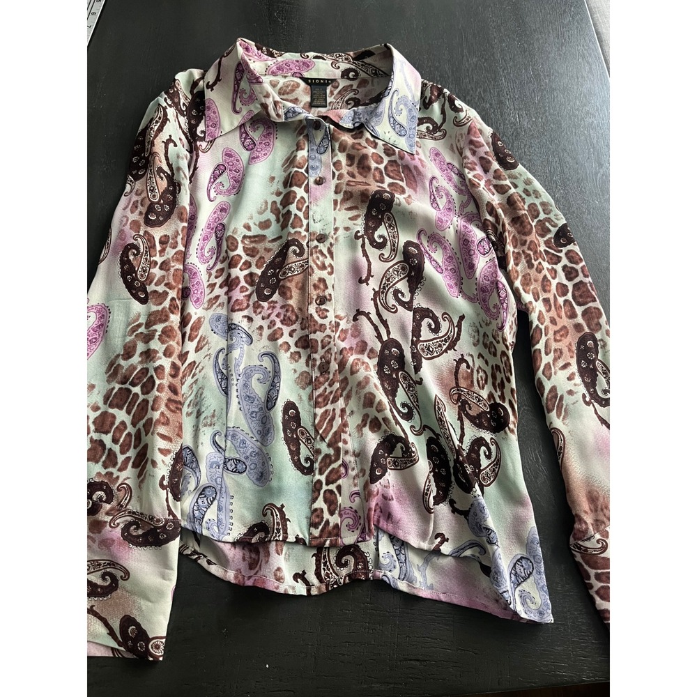 Sioni Womens Large 100% Silk Leopard Paisley Print Button Down Blouse Large